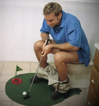 man using potty putter golf gift idea on toilet